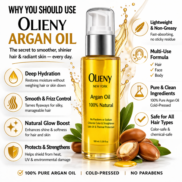 Olieny Moroccan Argan Oil bottle with natural ingredients for hair and skin hydration
